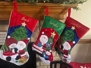 Red and White Embroidered and Embellished Santa with Glitter Presents Christmas Stocking