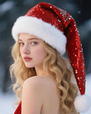 Long Santa Hat for Adults Women Men Unisex Sequin RED Christmas Hat Cap Xmas Hats for New Year Festive Holiday Halloween Costume Party